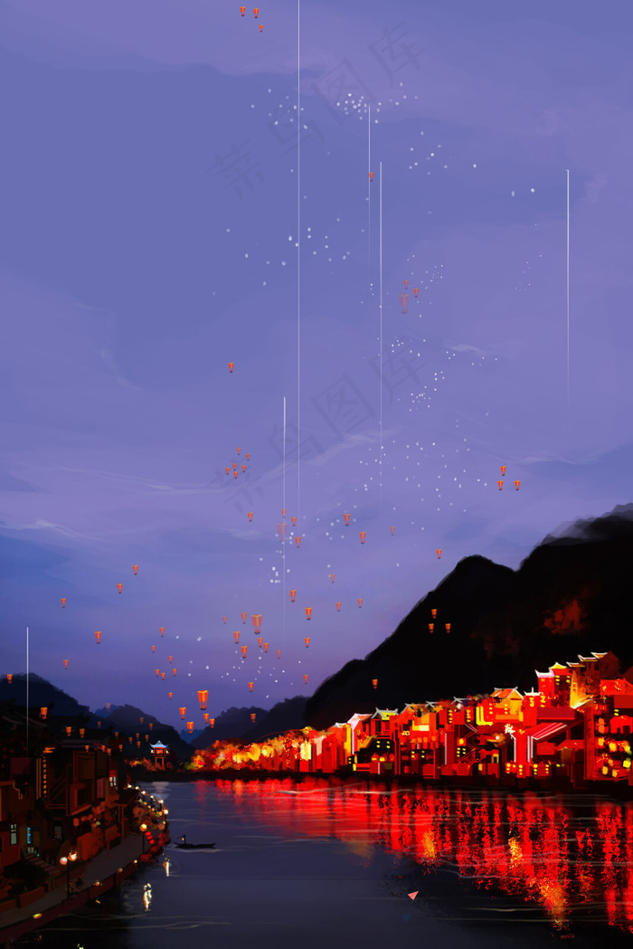 手绘镇远古镇旅游景点夜景(3545*5315px 300 dpi )psd模版下载