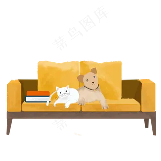 手绘沙发上的小猫和小狗可商用元,免抠元素