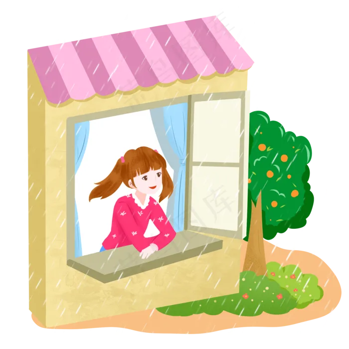 谷雨看雨景的小女孩