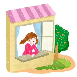 谷雨看雨景的小女孩