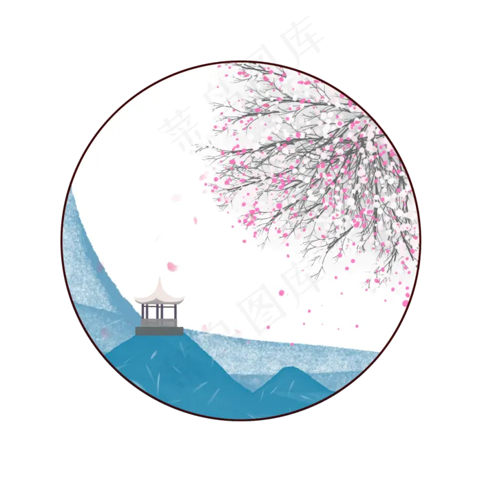 圆形樱花古亭边框(2000X2000(DPI:300))psd模版下载