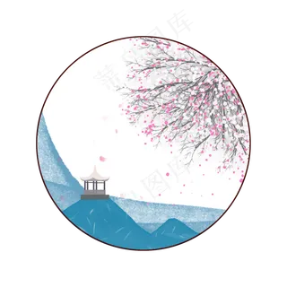 圆形樱花古亭边框