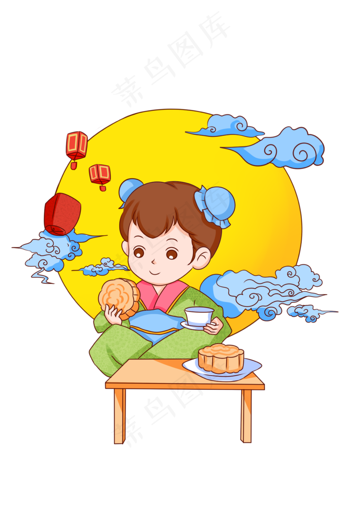 中秋节小女生吃月饼卡通人物,免抠元素(2362X3543(DPI:300))psd模版下载