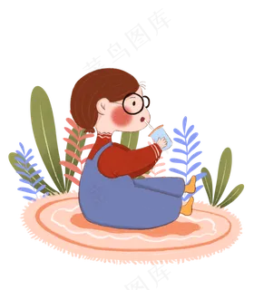 手绘小清新冬季坐在地毯上的女生