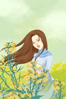 春日扁平油菜花节花田少女