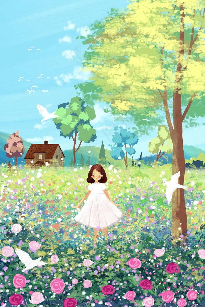 花海治愈系女孩自身在花海之中(3545*5315px 300 dpi )psd模版下载