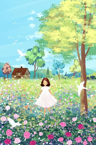 花海治愈系女孩自身在花海之中