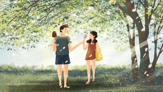 夏日小暑情侣一起吃冰棒场景