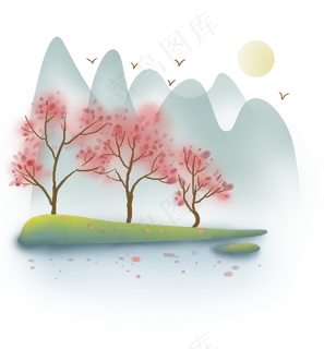 春天古风山上的桃花林,免抠元素 春天古风山上的桃花林,免抠元素
