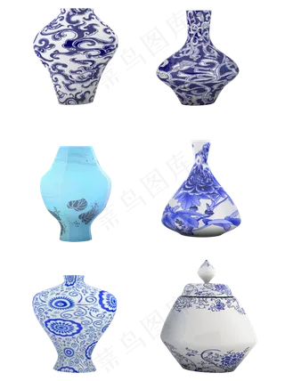 6款中式花纹陶瓷瓶青花瓷罐子艺�,免抠元素