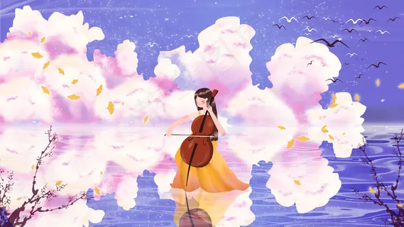 唯美治愈女孩在海上拉大提琴配图