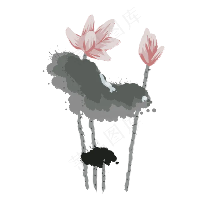 手绘中国风荷花水墨画PNG素材(2000X2000(DPI:300))psd模版下载
