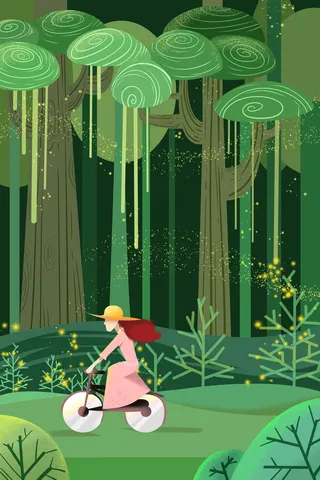 绿色系卡通手绘风夏景自行车女孩配图