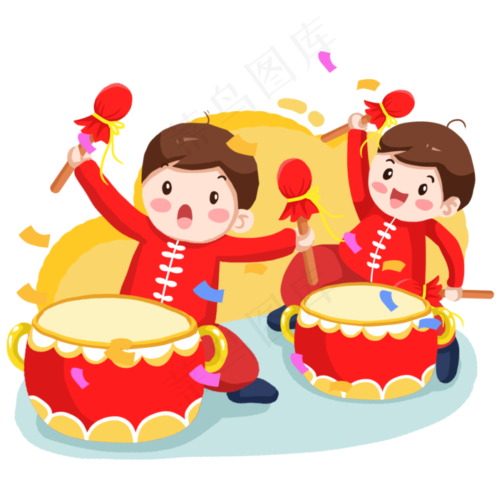 卡通手绘打大鼓人物,免抠元素