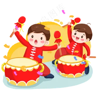 卡通手绘打大鼓人物,免抠元素