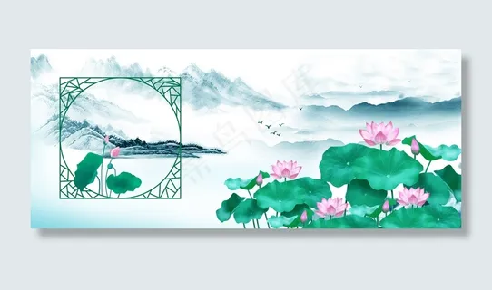 复古中国风六月荷花风景图