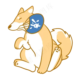 叼着扇子的柴犬