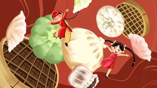 红色系卡通手绘风美食包子配图