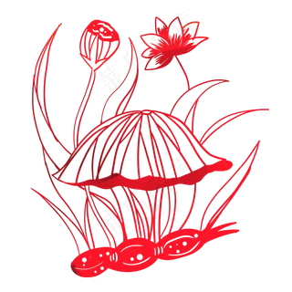 红色荷叶花卉剪纸