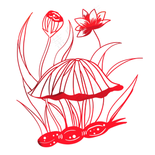 红色荷叶花卉剪纸