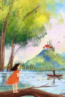 夏日山顶房屋油画风景