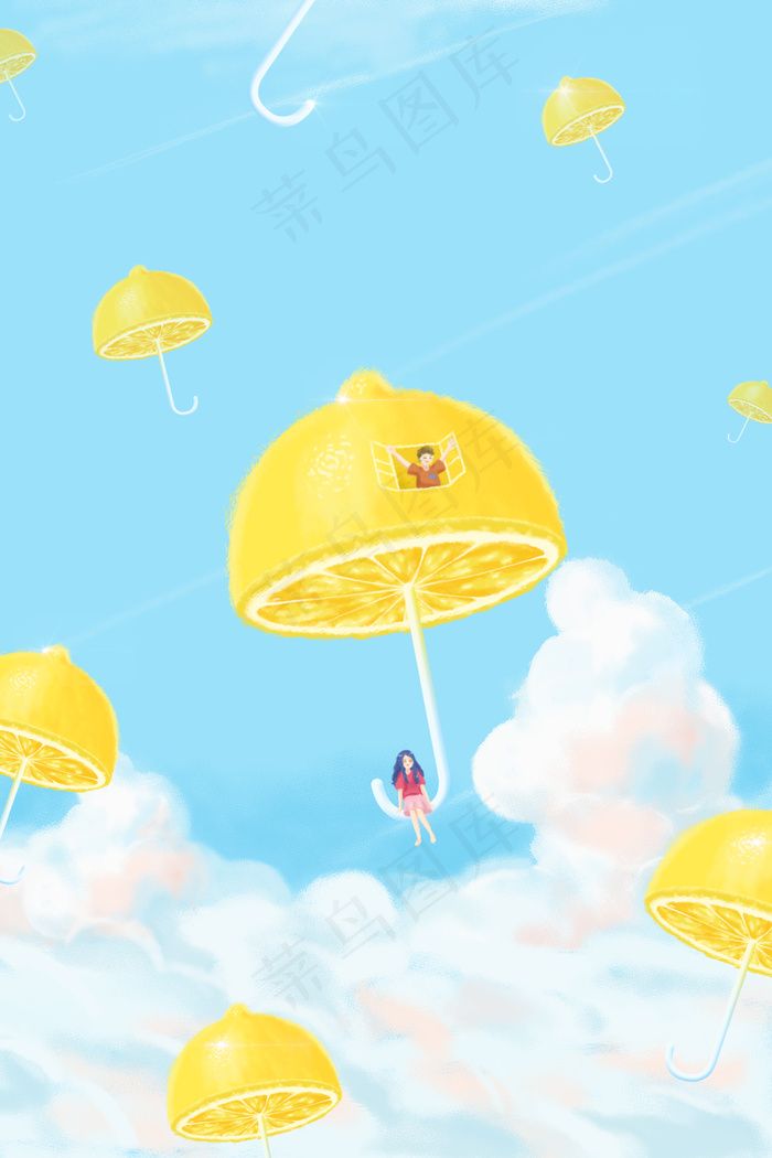 冷色系小清新创意水果柠檬伞(3545X5315(DPI:300))psd模版下载