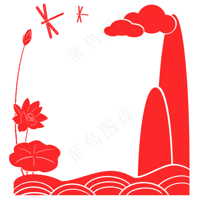 红色荷花剪纸边框(2000X2000(DPI:300))psd模版下载