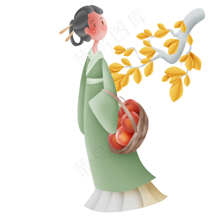 秋天拿一篮子水果的古代少女