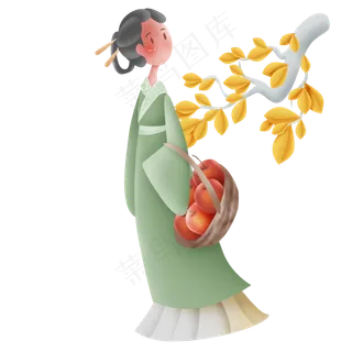 秋天拿一篮子水果的古代少女