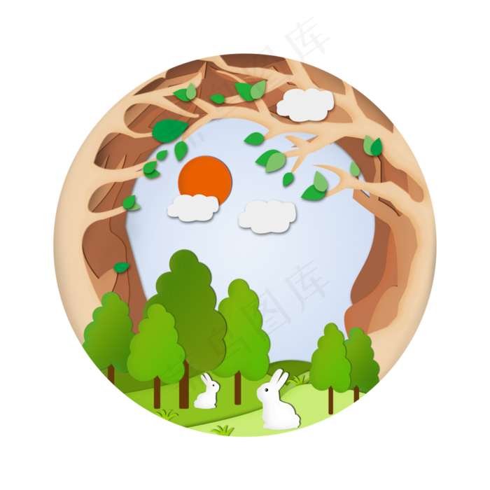 剪纸风夏日炎炎可爱兔子插画