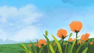 清新花丛油画风格风景