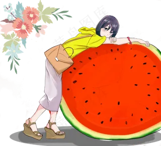 夏天抱西瓜的小女孩