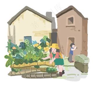 国庆出游暖色系卡通手绘女孩摘花