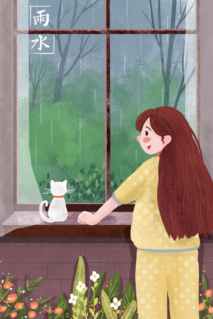 下雨天小女孩和猫咪一起看窗外下雨手绘竖图