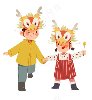 二月二龙抬头小朋友戴龙头,免抠元素