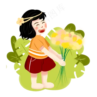 儿童节扁平风小清新手绘捧着鲜花