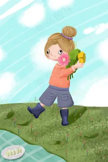 手绘卡通站在草地上的女孩免扣元 手绘卡通站在草地上的女孩免扣元