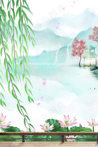 中国风夏季荷塘远山国风木桥栈道山水风景