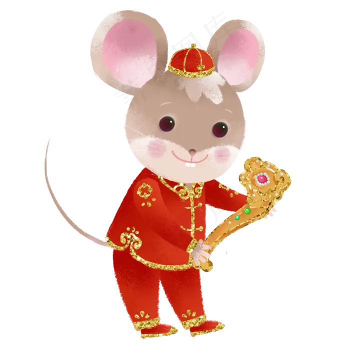 2020新年鼠年子鼠拿金如意,免抠元素(2000X2000(DPI:300))psd模版下载