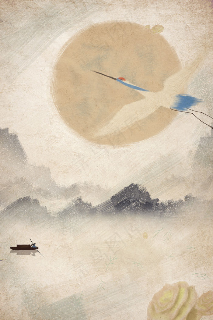 淡雅水墨飞鹤古风海报背景
