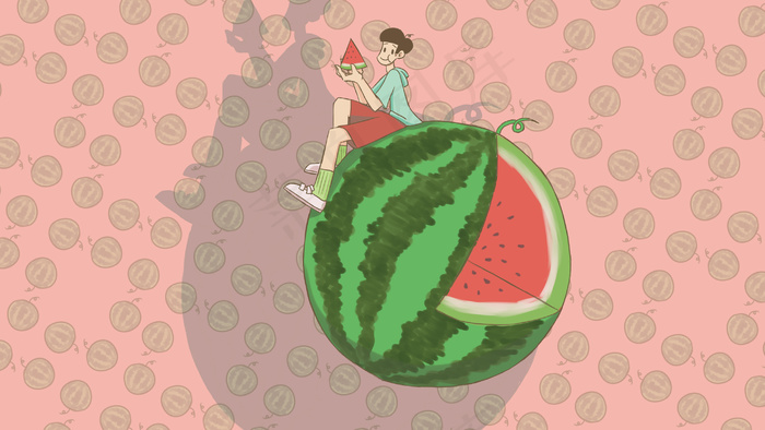 粉红色创意水果夏天西瓜小清新卡通插图横版(1125X2436(DPI:72))psd模版下载
