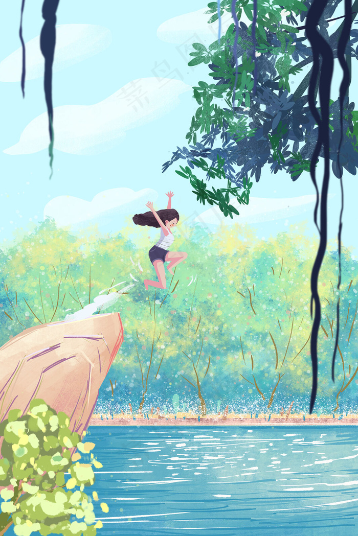 夏日河边一起跳下去游泳小清新