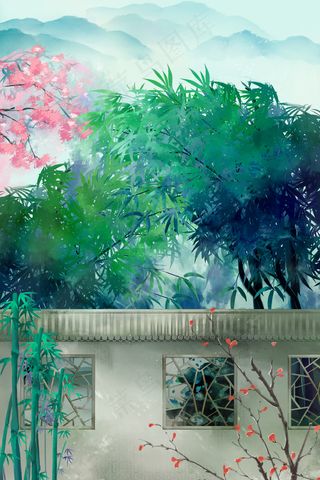 中国风竹林雅舍山水田园风景