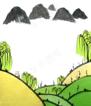 国画水墨踏青春天山水PNG清明