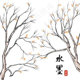 中国风水墨画冬季树木