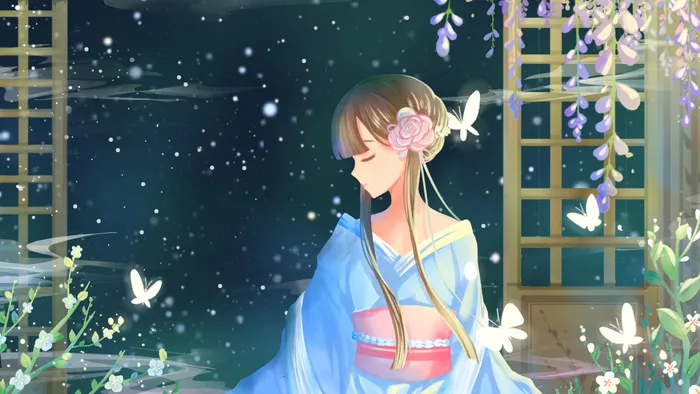 蓝色唯美卡通治愈静谧夏季夜晚春季花卉配图(2880*1620px 300 dpi )psd模版下载