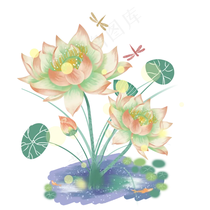 水彩风盛开的荷花PNG图片,免抠元素(2400X2400(DPI:300))psd模版下载