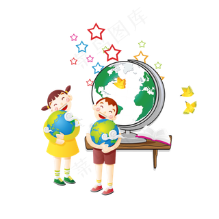 手绘地球仪前面的小伙伴设计