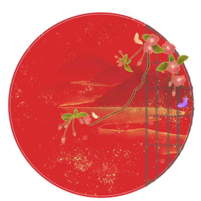 中国风水墨山水花鸟图,免抠元素(2050X2050(DPI:299))psd模版下载