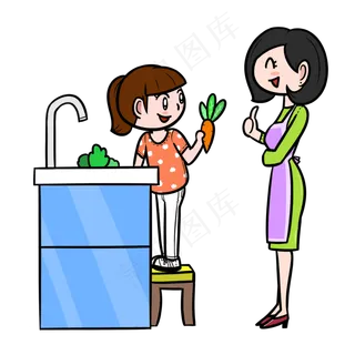 卡通母亲节帮妈妈洗菜png透明底